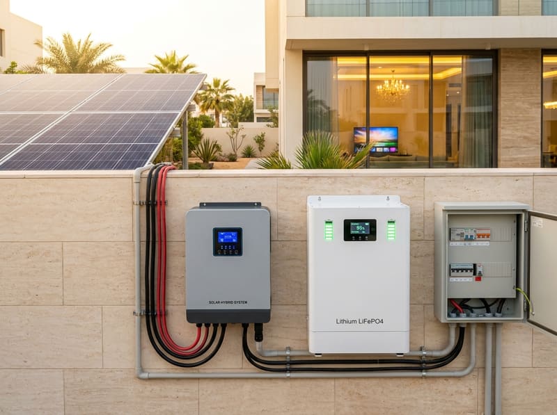 Hybrid solar inverter, LiFePO4 lithium battery and distribution board mounted on a villa wall in the UAE
