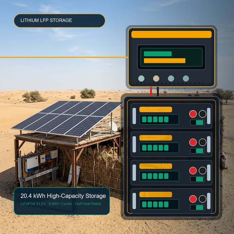 Hybrid solar inverter with LiFePO4 lithium battery storage installed in the UAE